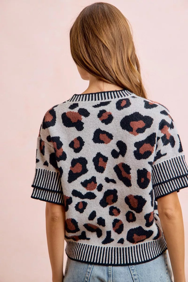 Leopard print knit top with ribbed striped hem and short sleeves; back view.