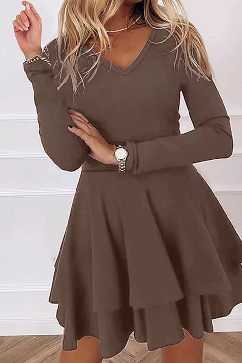 Coffee brown long-sleeve V-neck mini dress with flared layered tiers