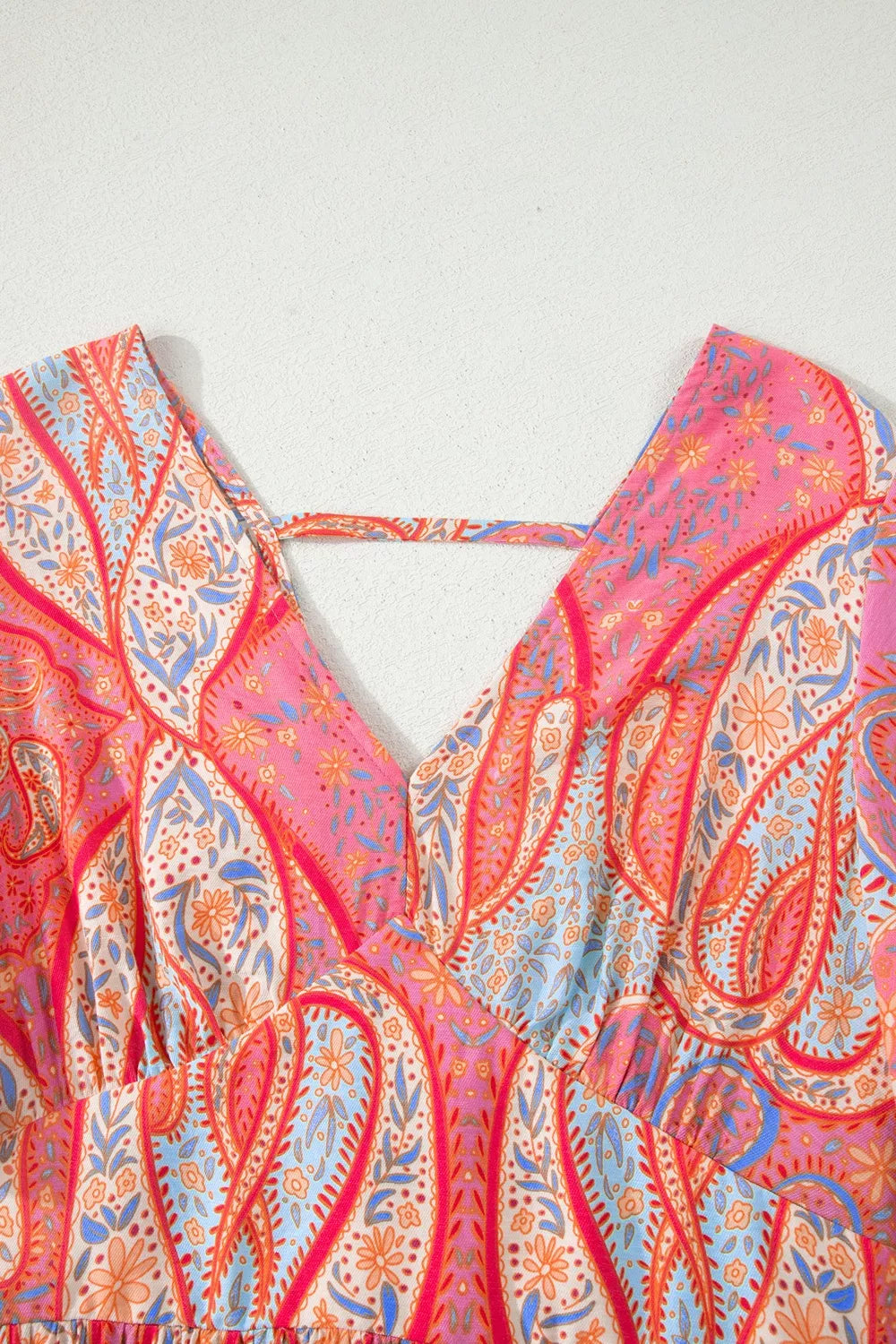 Burnt coral paisley dress V-shaped back neckline with thin tie strap detail