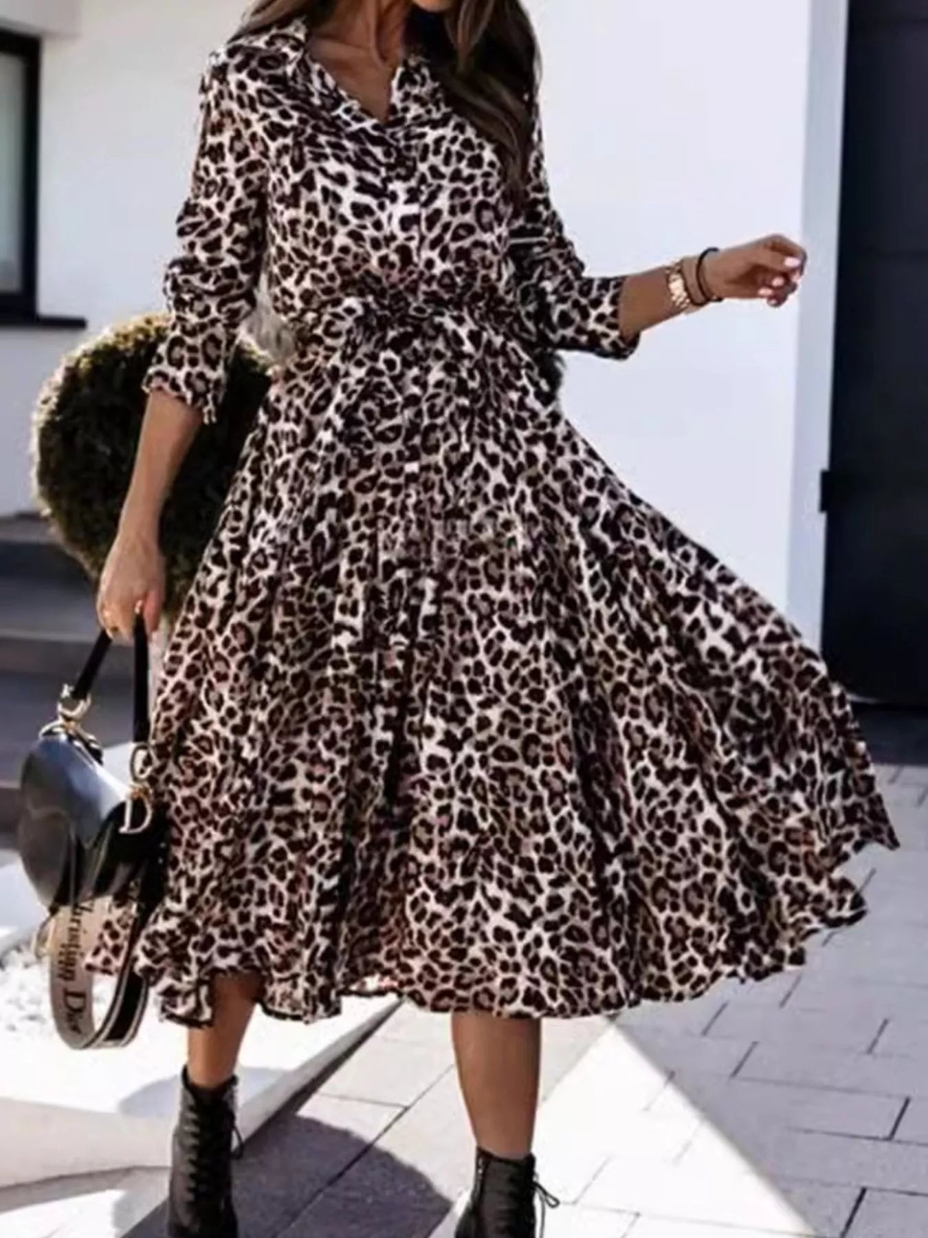 Leopard-print belted button-down midi dress with full skirt and long sleeves