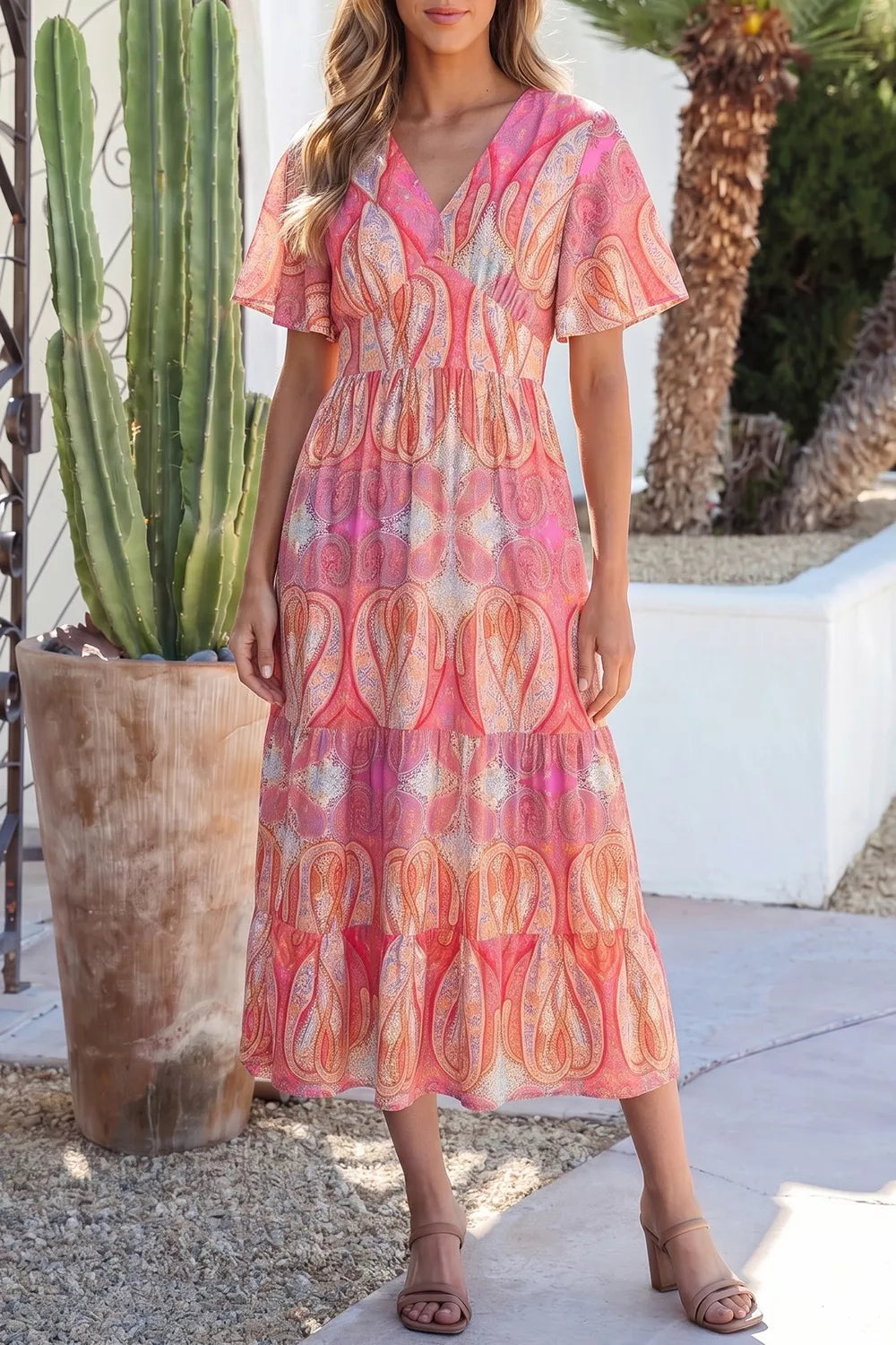 Burnt coral paisley print boho dress with V-neckline and layered ruffle hem