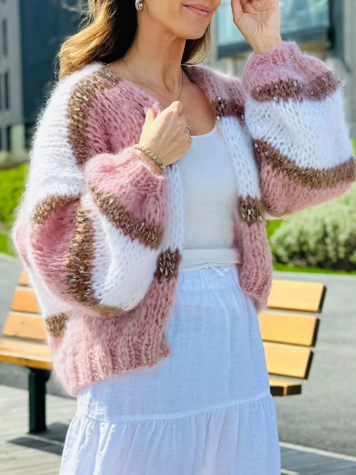 Dusty pink color-block open-front knit cardigan with white and olive-brown stripes