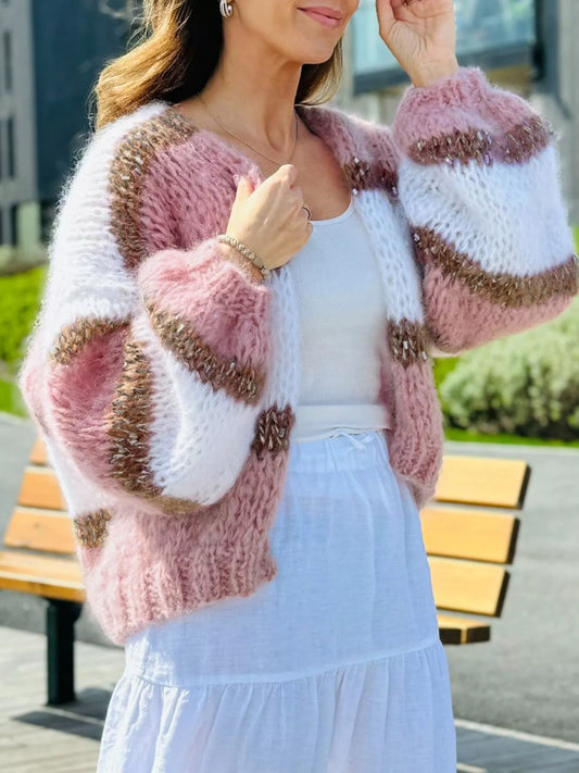Dusty pink color-block open-front knit cardigan with white and olive-brown stripes