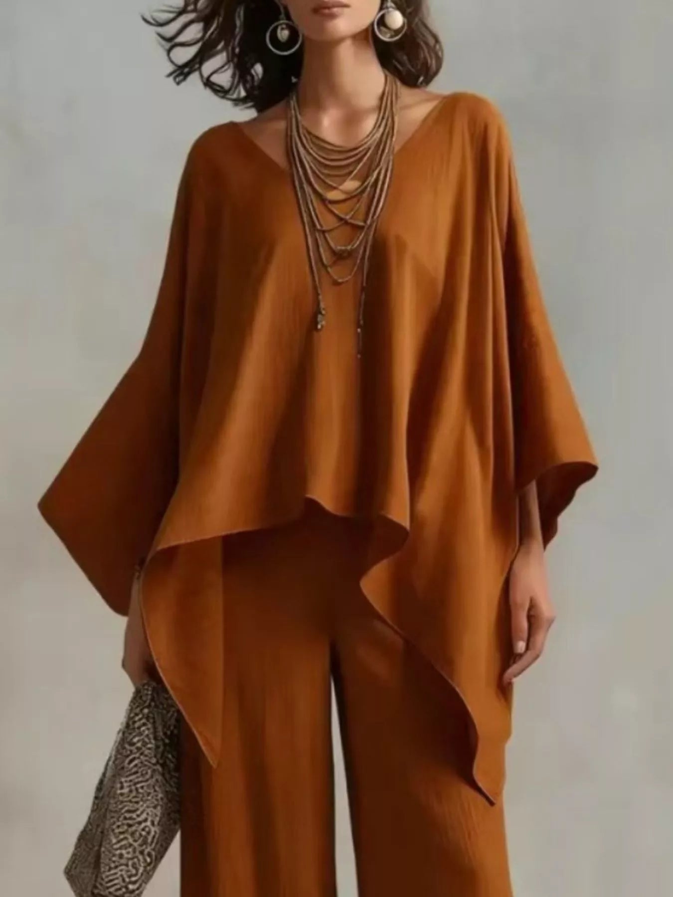 Brown V-neck top and wide-leg pants set, loose fit with layered drape hem