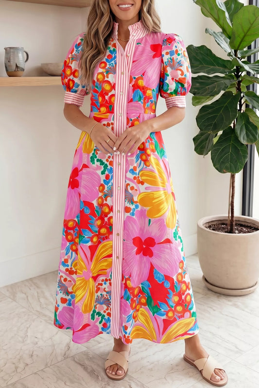 Floral print maxi dress with striped trim, button-front placket, short sleeves
