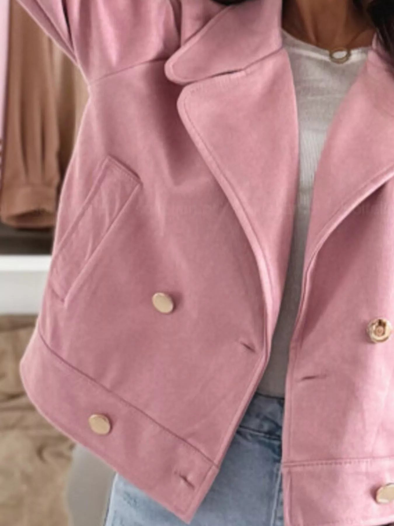 Dusty pink double-breasted cropped jacket with gold buttons and flap pockets