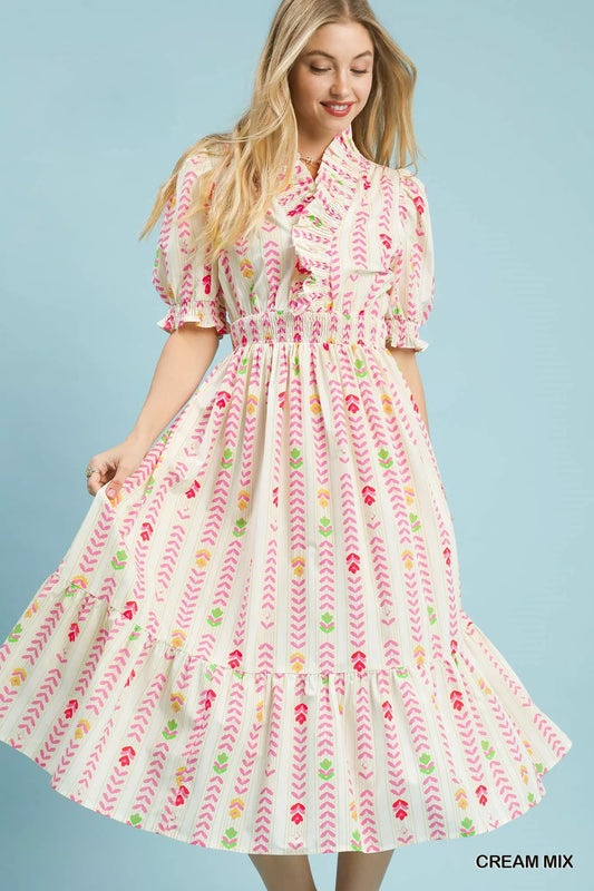 Cream multi-color smocked midi dress with ruffle sleeves and gathered waist