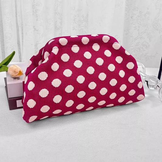 Red knit polka-dot clutch with rounded top