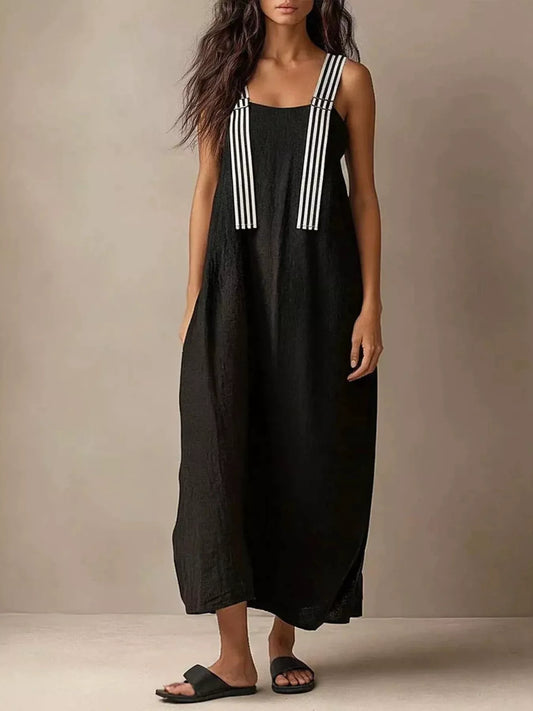 Black striped-strap midi dress with square neckline and sleeveless fit