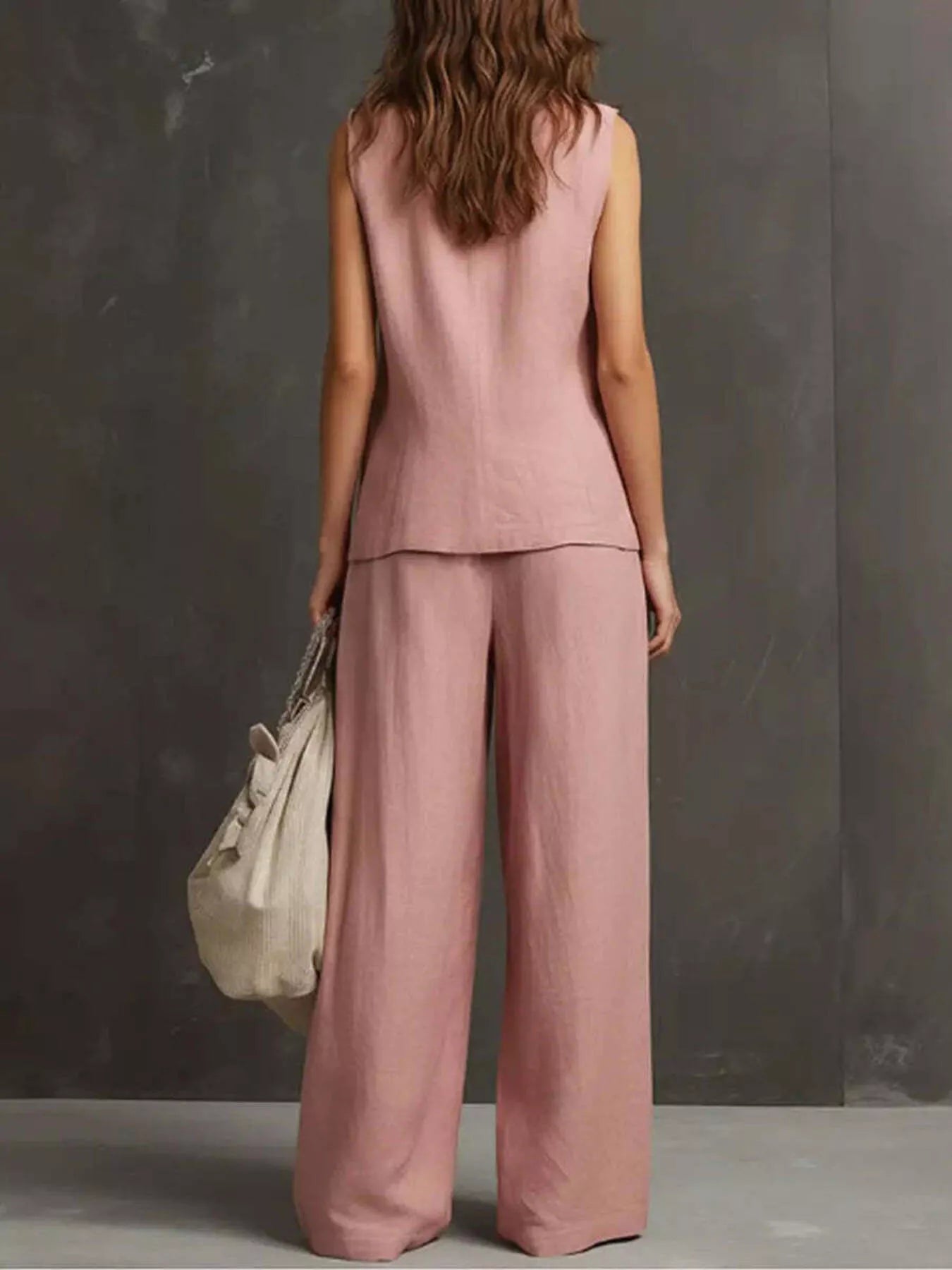 Pink sleeveless vest and wide-leg pants set, back view in solid color