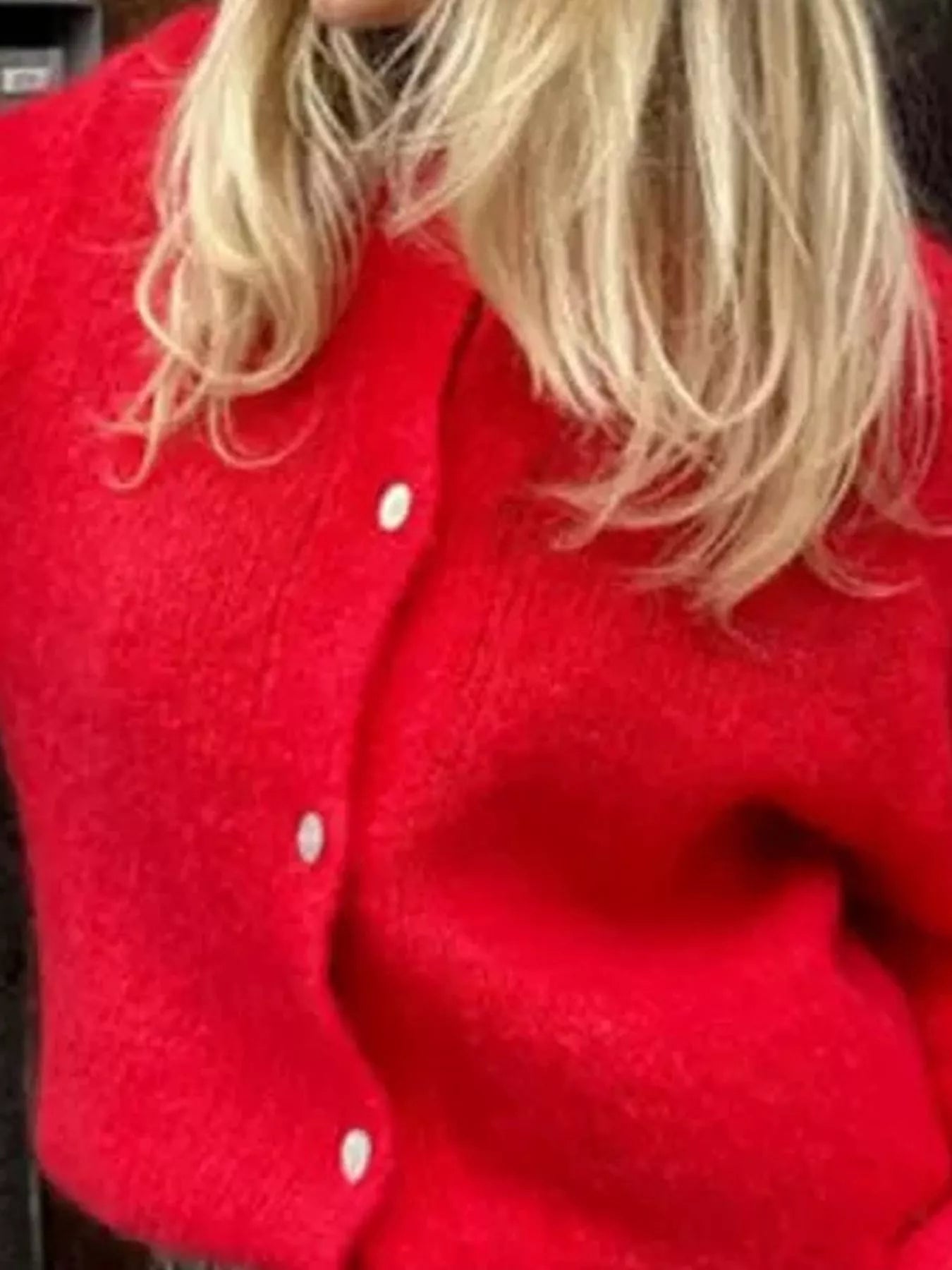 Red button-up long sleeve cardigan with round white buttons