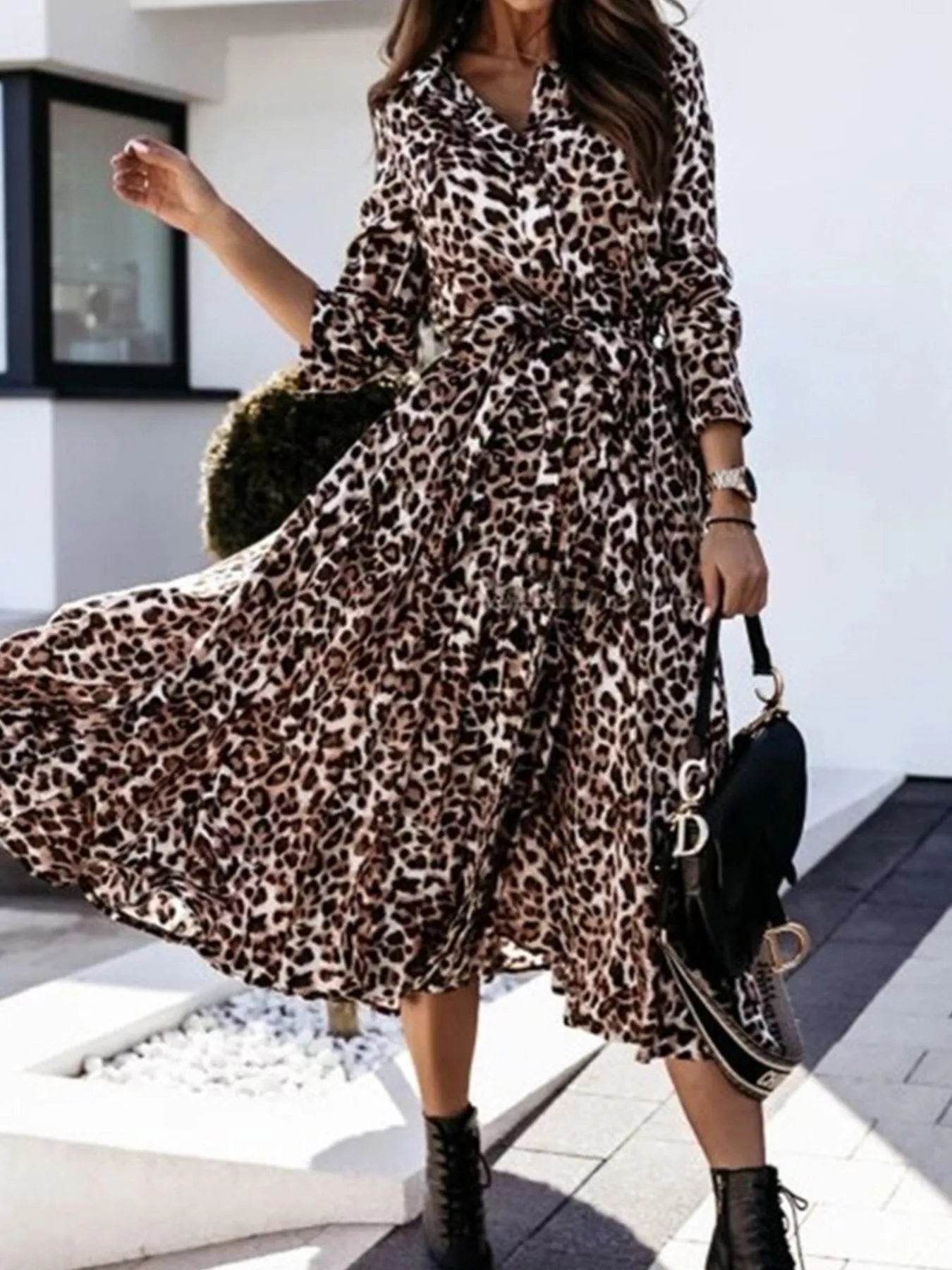 Leopard-print belted button-down midi dress with flowing skirt and front button placket