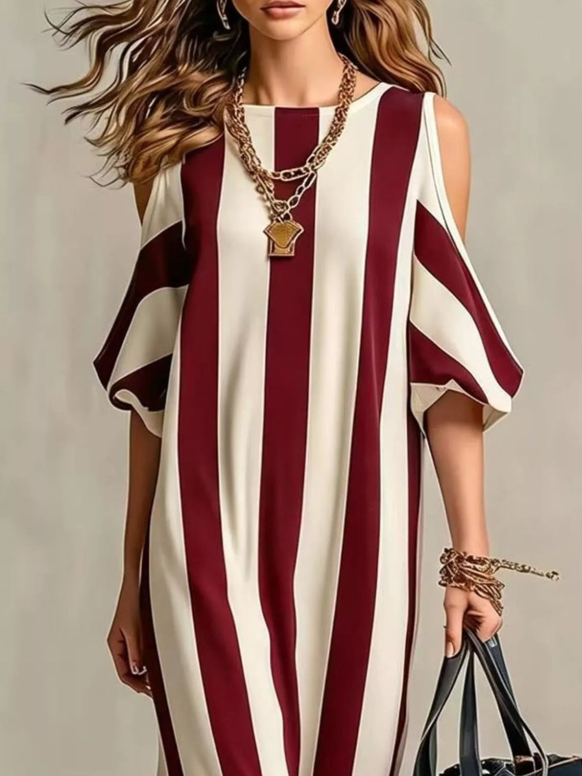 Striped cold-shoulder maxi dress in burgundy and cream with flowing cold sleeves
