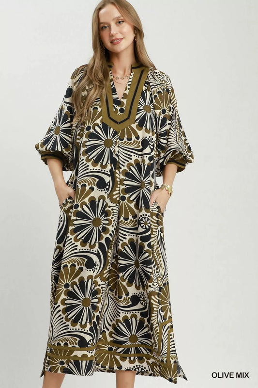 Olive mix abstract print midi dress with V-neck and gathered skirt hem