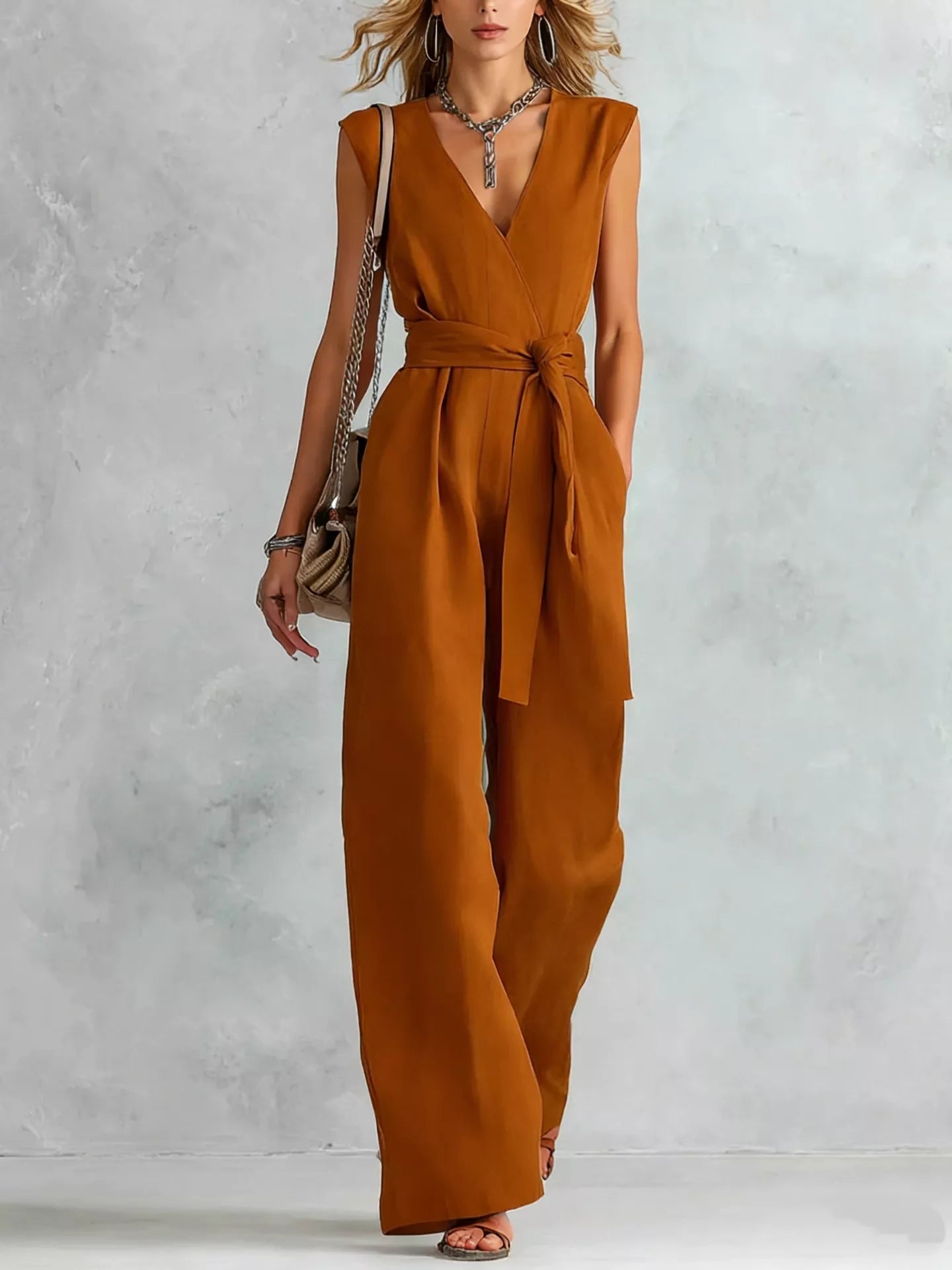 Sleeveless wide-leg jumpsuit in copper color with V-neck and tied waist