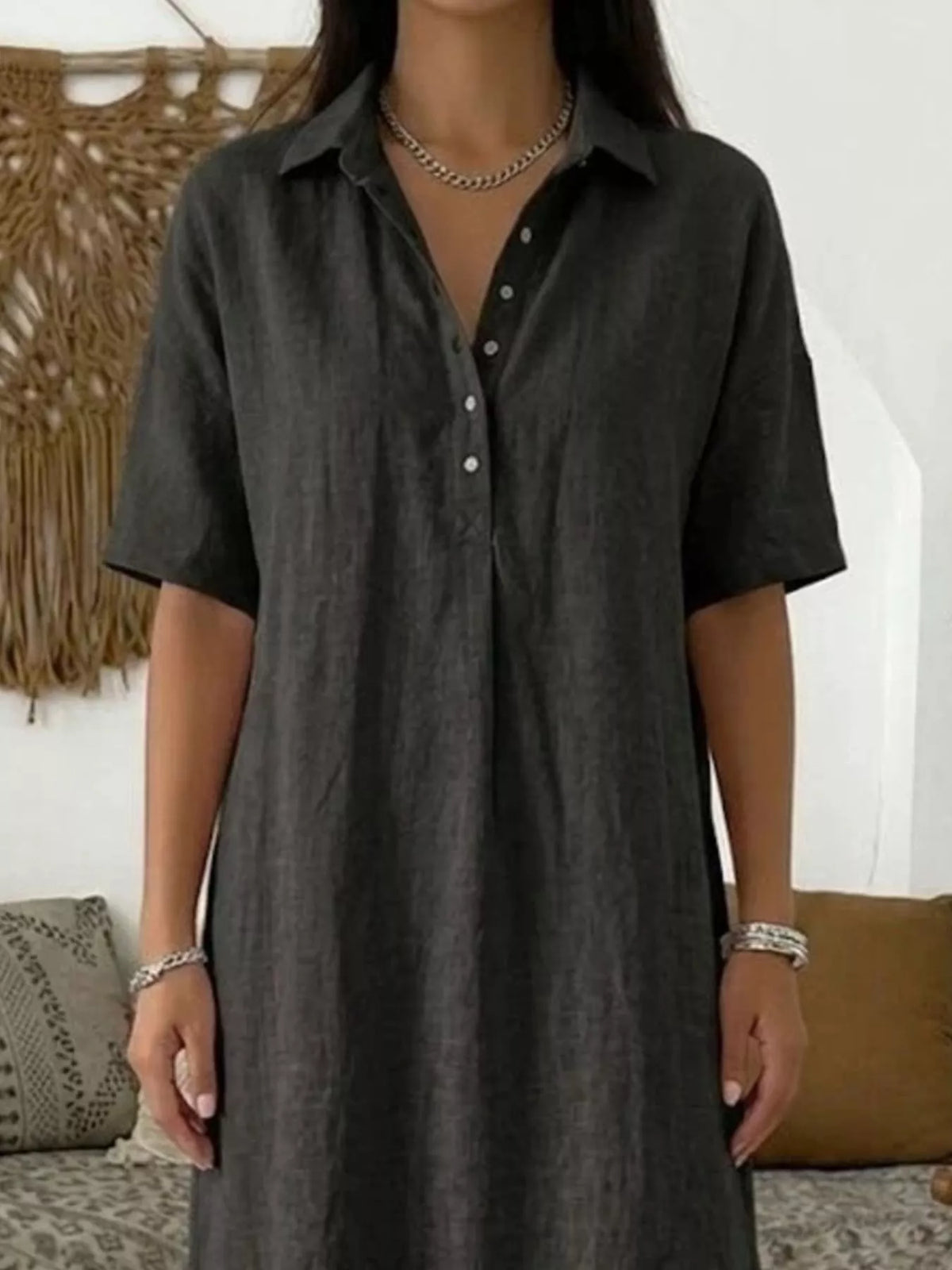 Dark charcoal plus-size collared button-front midi dress with short sleeves
