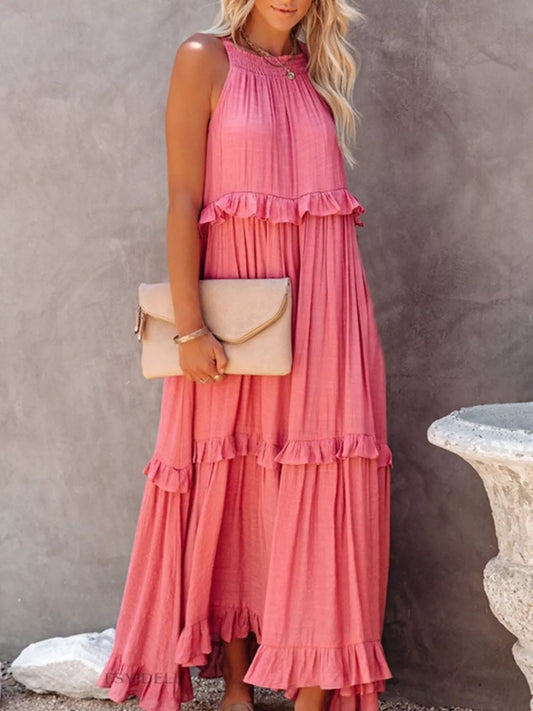 Pink ruffled tiered sleeveless maxi dress with high neckline and layered ruffles