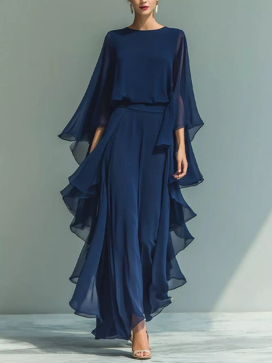 Navy blue chiffon long-sleeve top and wide-leg pants set with tiered ruffles