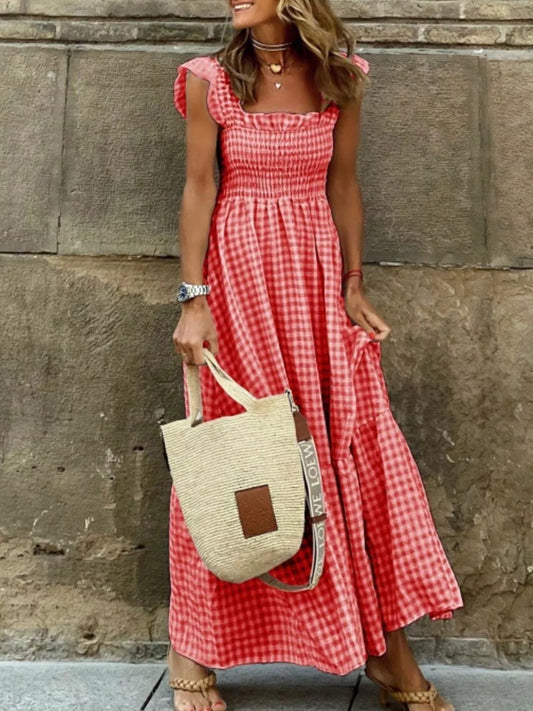 Red gingham smocked ruffle maxi dress with square neckline