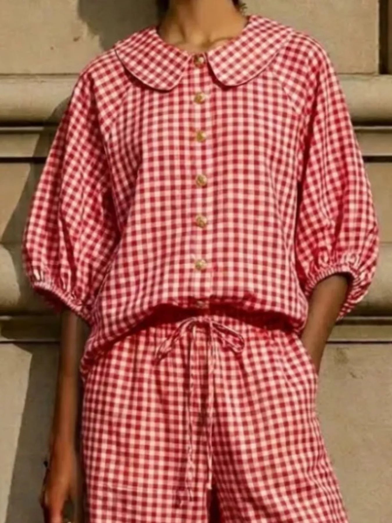 Red gingham plaid shirt and pants set, collared button front blouse with gathered waist pants