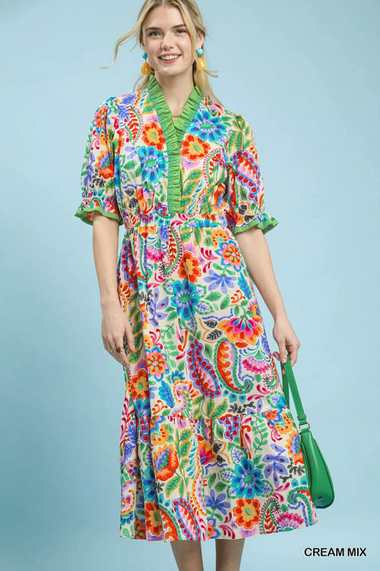 Floral midi dress with ruffle trim, colorful paisley pattern, short sleeves