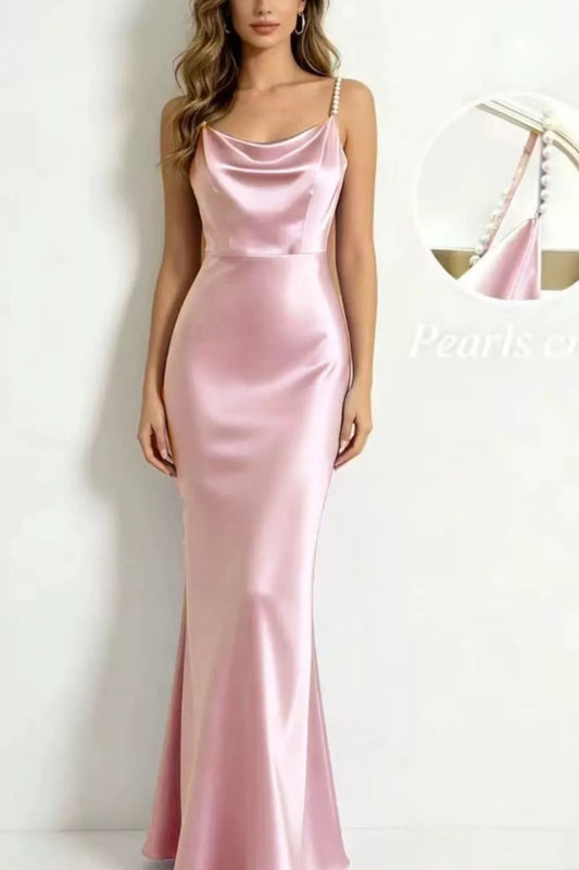 Blush pink satin cowl-neck maxi dress with pearl-trim spaghetti straps and draped bodice