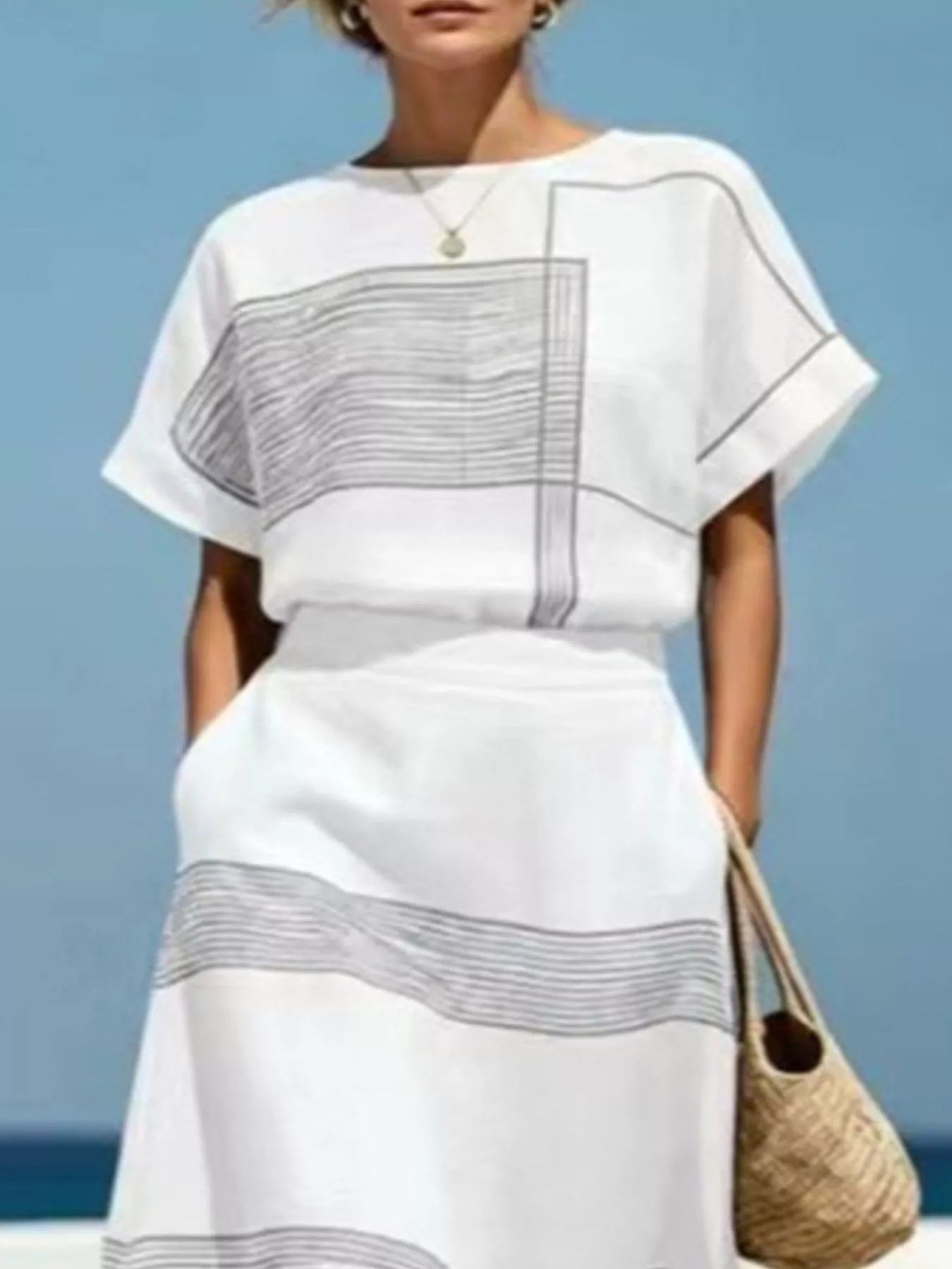White striped round neck top and maxi skirt set with gray horizontal stripe bands