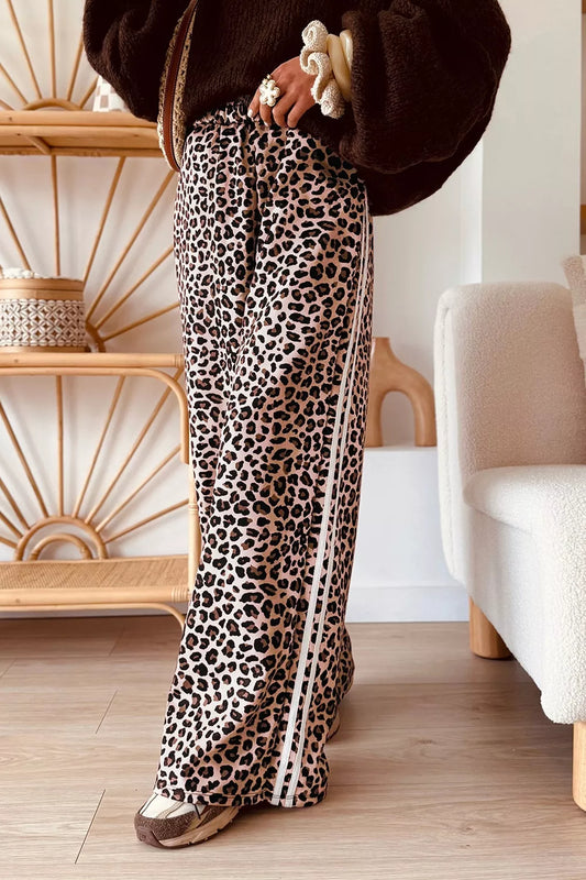 Leopard print wide-leg pants with black side stripe detail