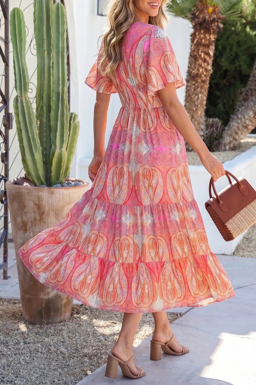Burnt coral paisley boho dress, V-neck, short puff sleeves, tiered mid-calf hem