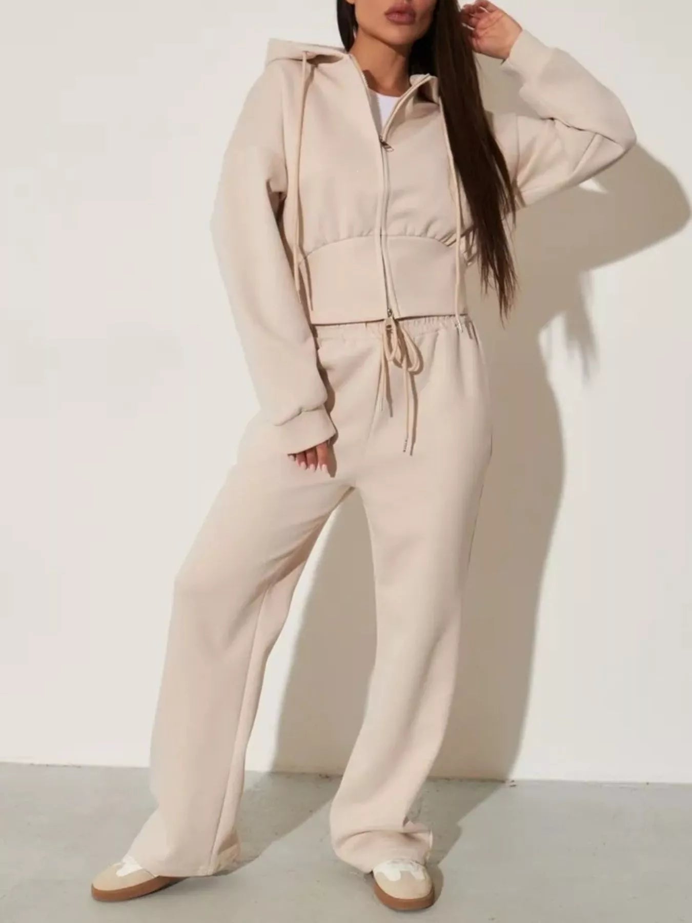 Light apricot zip-up hoodie and wide-leg pants set, zip front, waistband drawstring