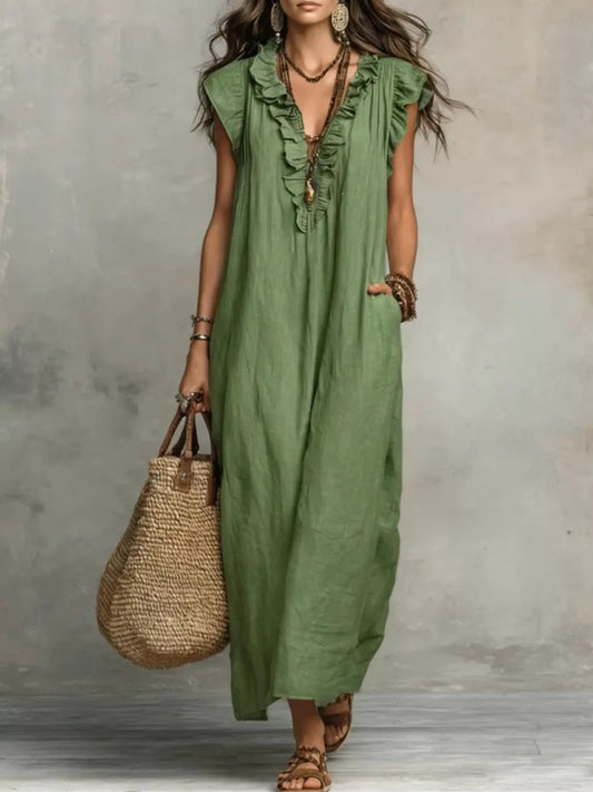 Army green ruffled V-neck cap sleeve maxi dress with button-front detail