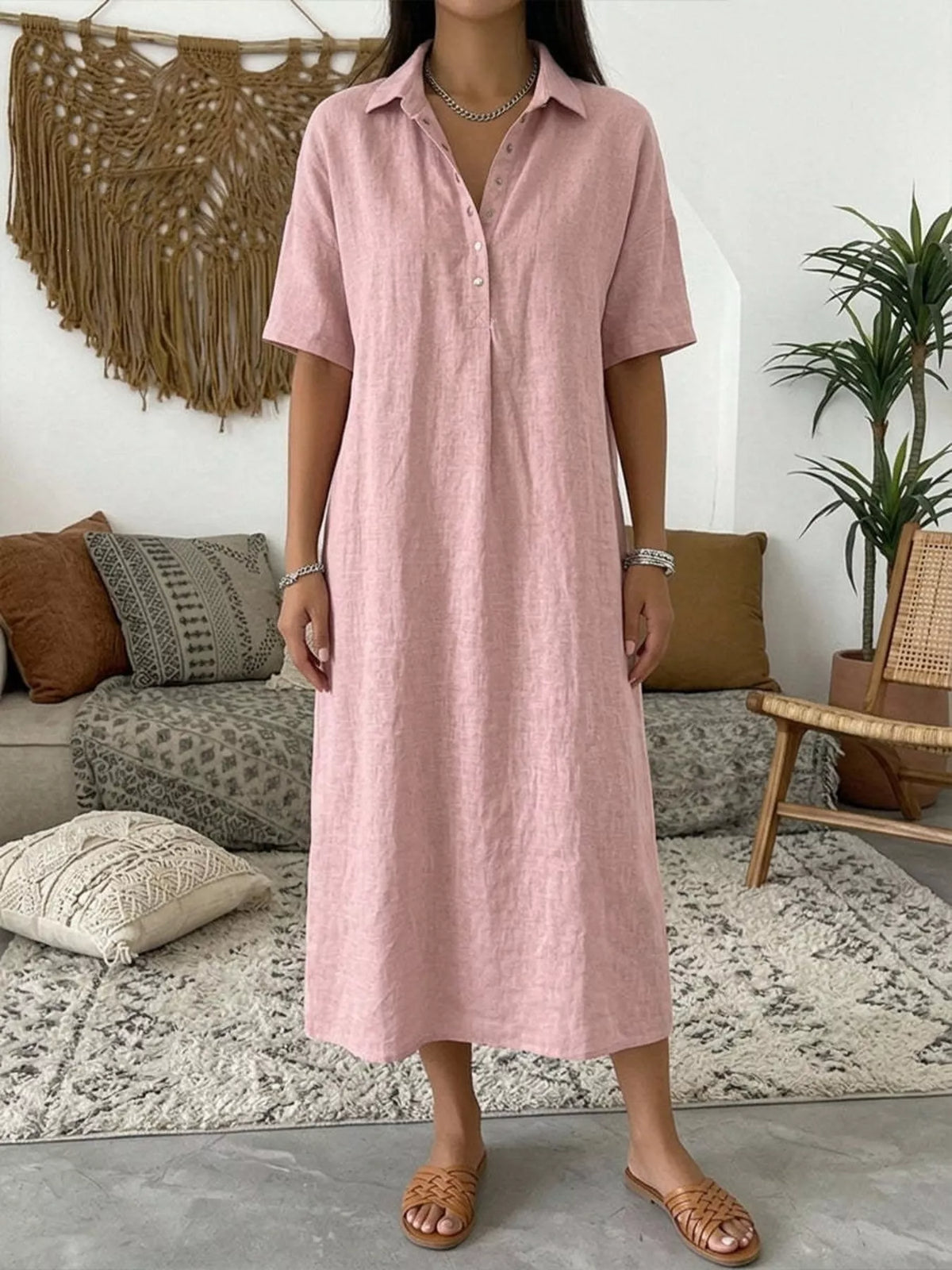 Plus-size pink button-front half-sleeve midi dress with collar