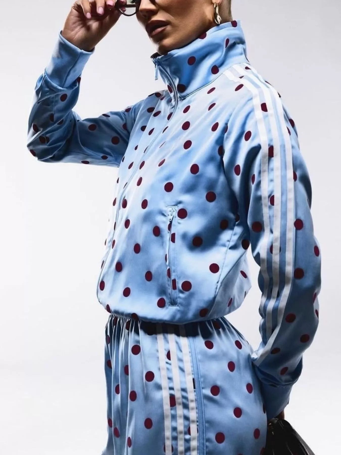 Sky blue polka-dot zip jacket with red dot pattern and striped sleeves, full set