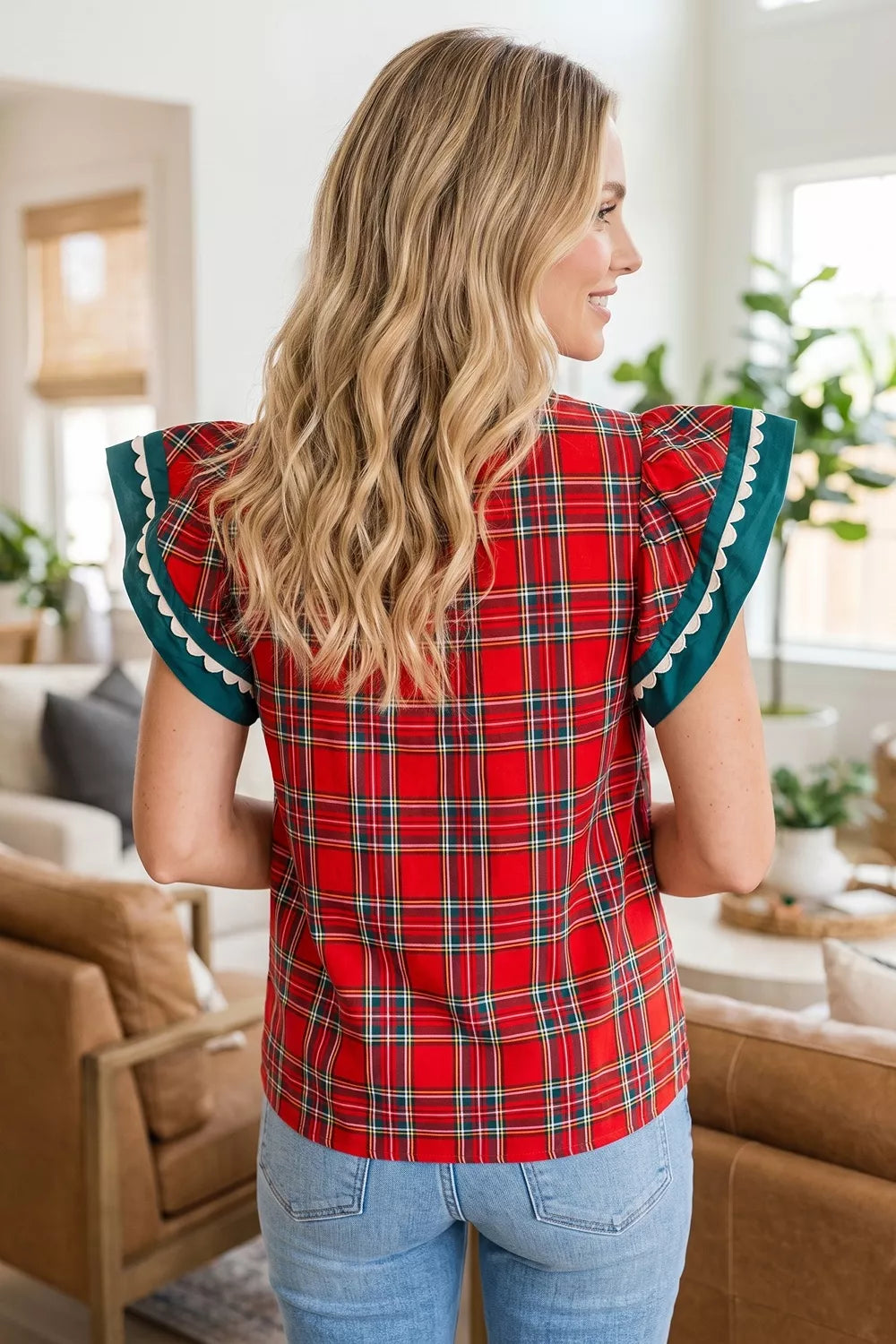 Plaid V-neck short-sleeve shift blouse with deep red tartan and teal ruffle-trimmed shoulders
