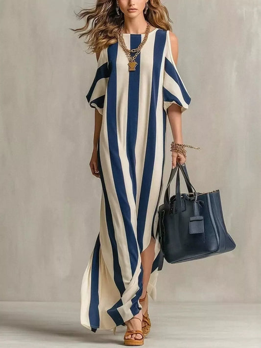 Striped cold-shoulder maxi dress in navy and cream with side drape and short sleeves