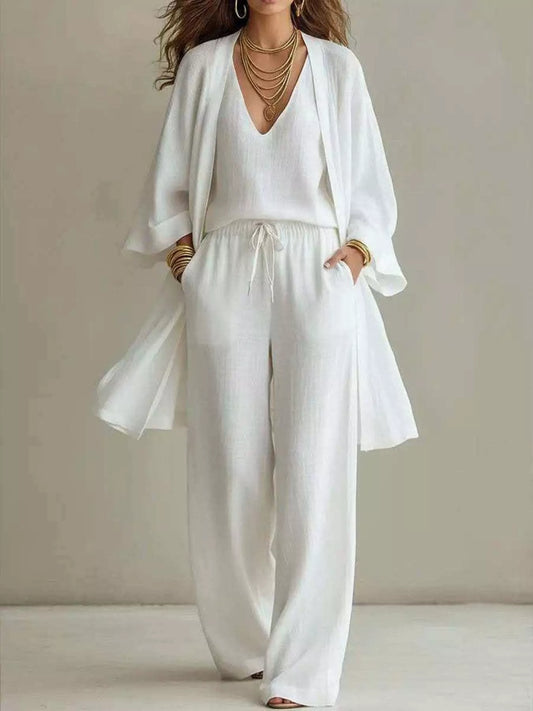 White set: V-neck top, kimono cardigan, and drawstring wide-leg pants