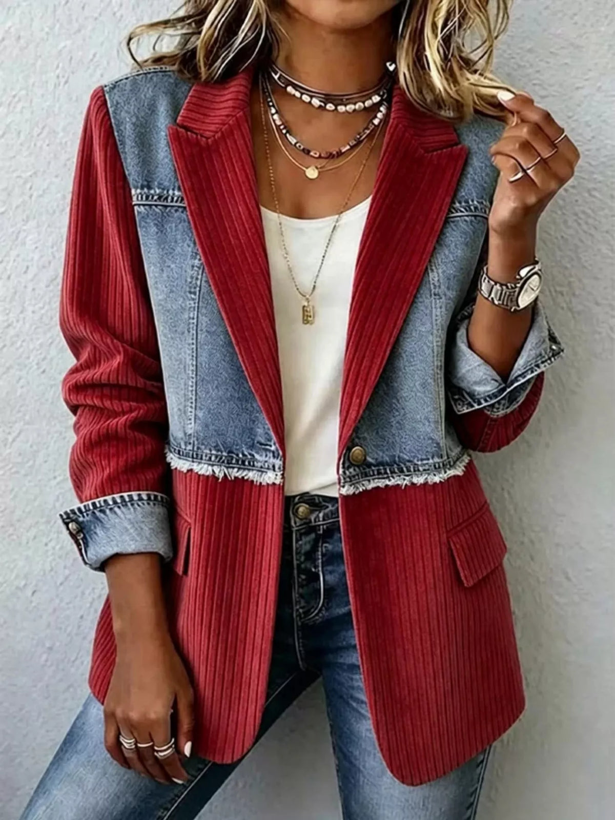 Patchwork ribbed blazer with blue denim and burgundy striped panels, front pockets