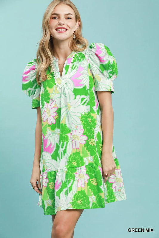Floral puff-sleeve tiered mini dress in green and white with pink accents, V-neck