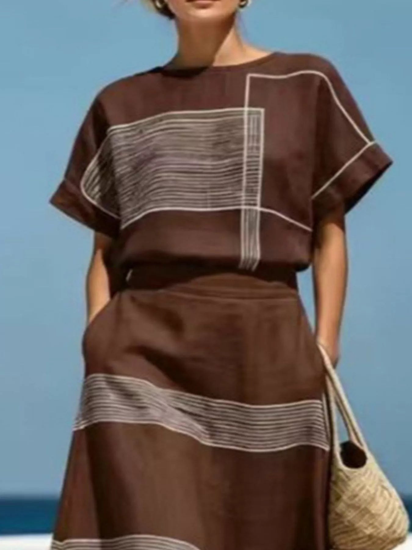 Brown striped round neck top and maxi skirt set with vertical and horizontal stripe lines