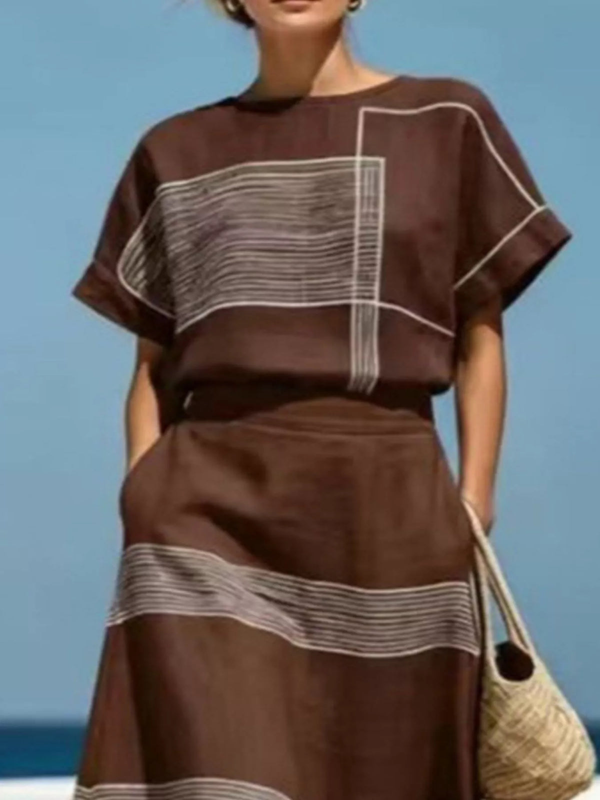 Brown striped round neck top and maxi skirt set with vertical and horizontal stripe lines