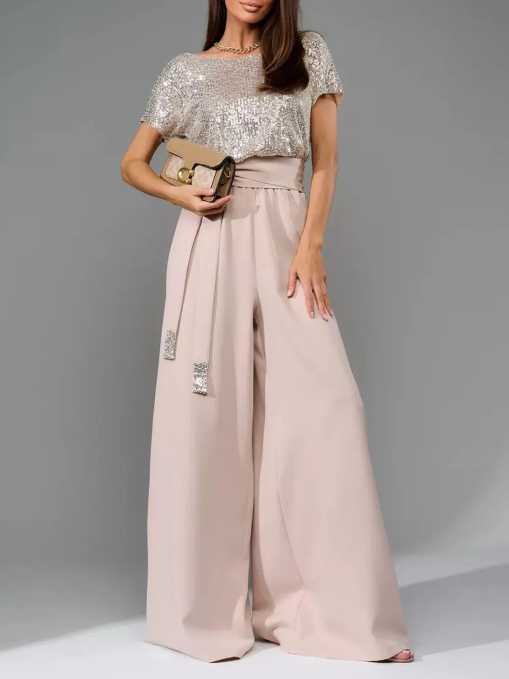 Silver sequin short-sleeve wide-leg jumpsuit with blush skirt panel