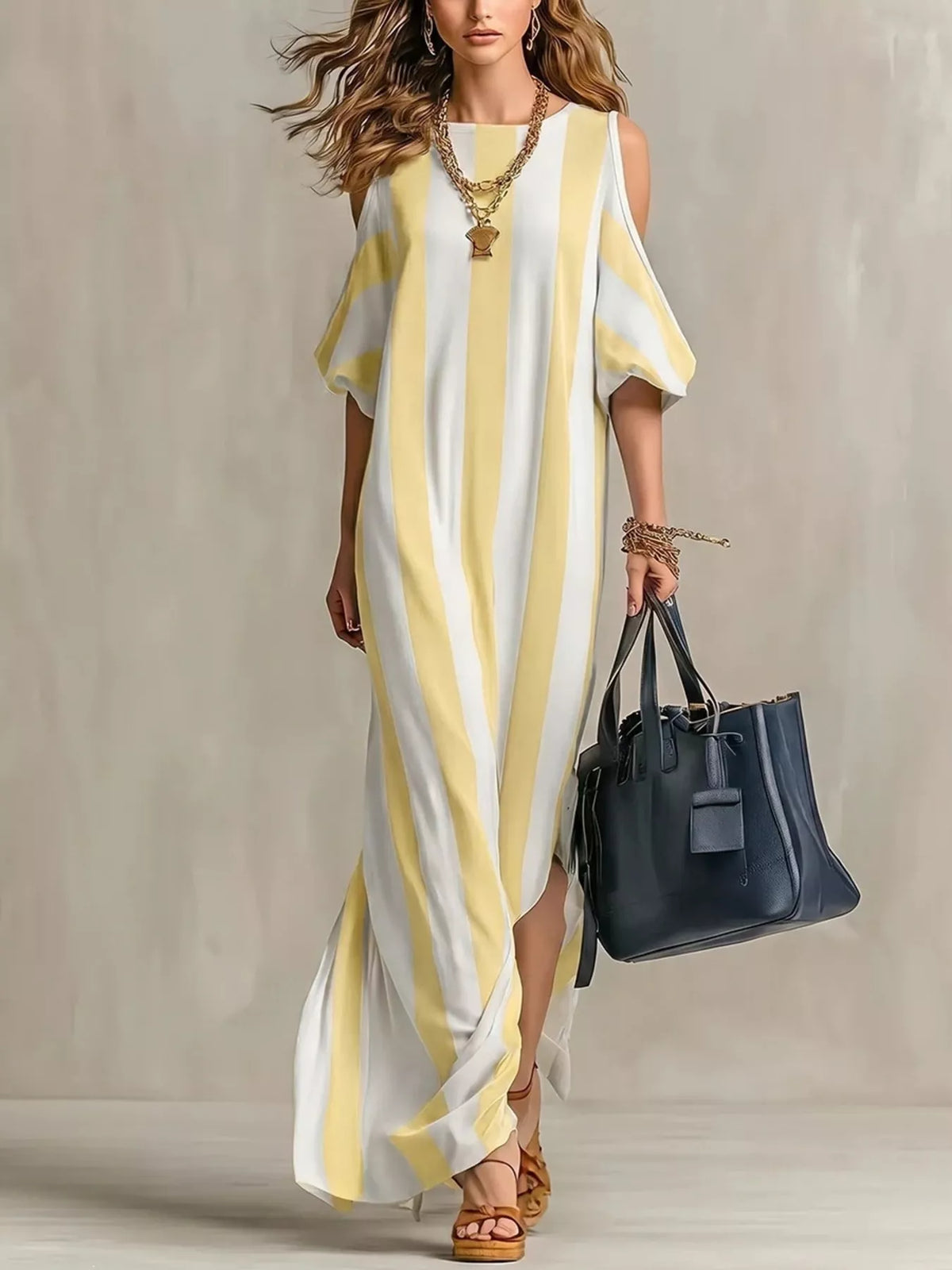 Striped cold-shoulder maxi dress in yellow and cream with open shoulder cutouts