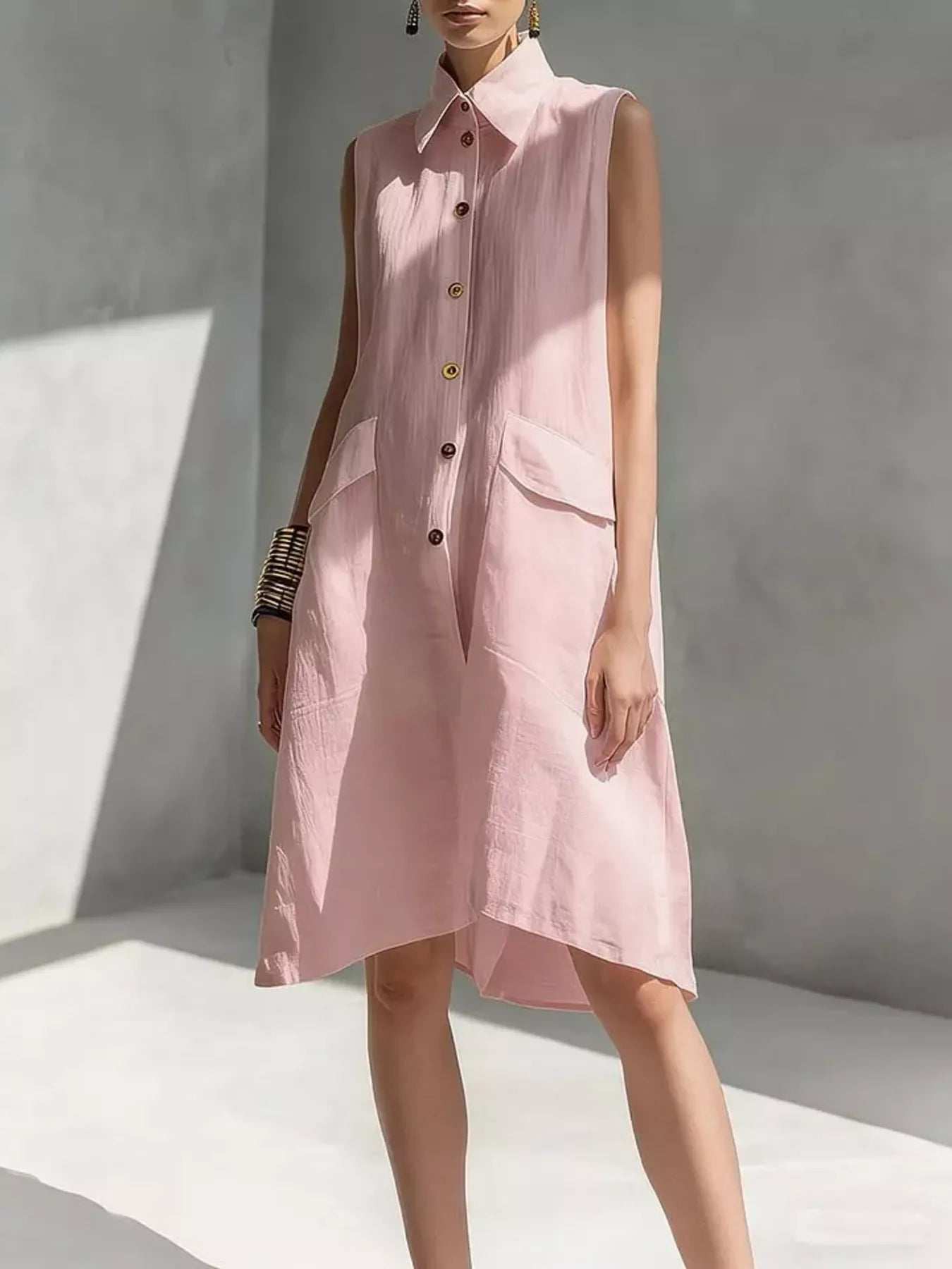 Pink sleeveless button-front dress with pointed collar and patch pockets, knee length