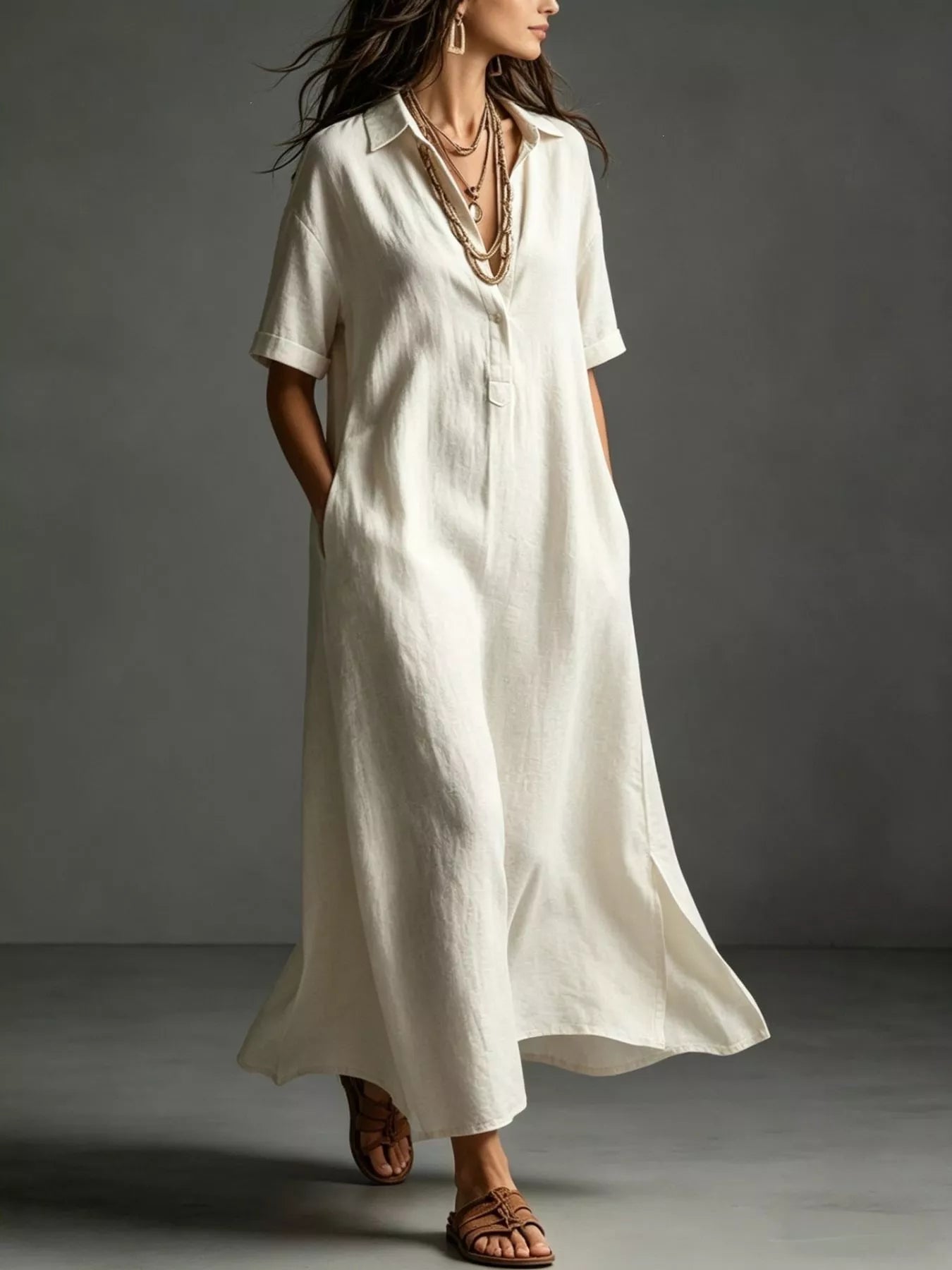 Cream midi shirt dress with button placket, V-neck, short sleeves and side slit