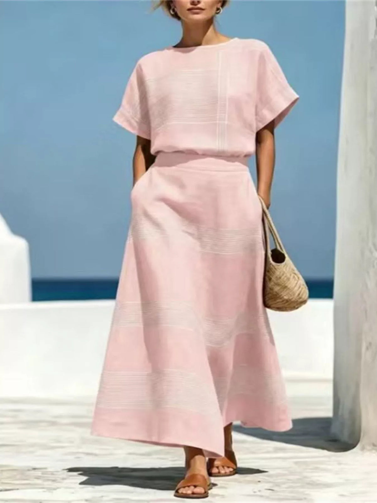 Pink striped round neck top and maxi skirt set with sheer stripe panel design