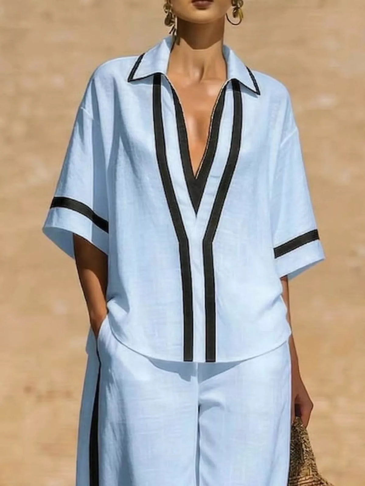 Plus-size contrast-trim short-sleeve top and matching pants set, light blue with black trim