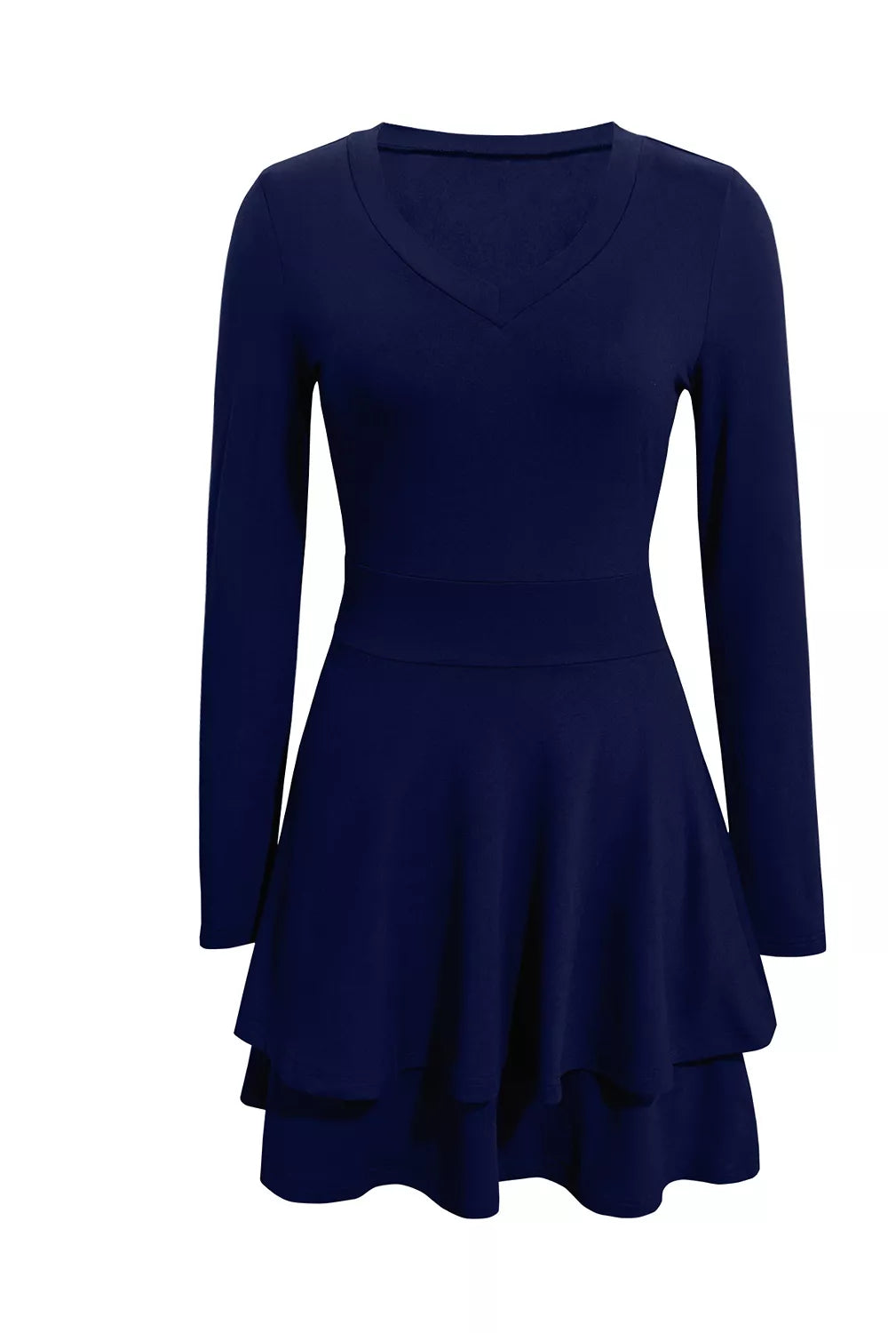 Dark navy long sleeve V-neck mini dress with layered tiered skirt