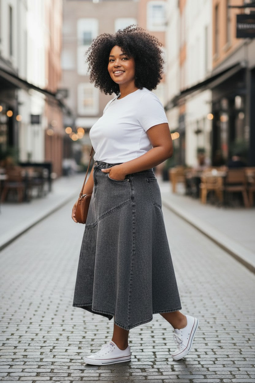 Grey asymmetric denim midi skirt - full length front view with cream top