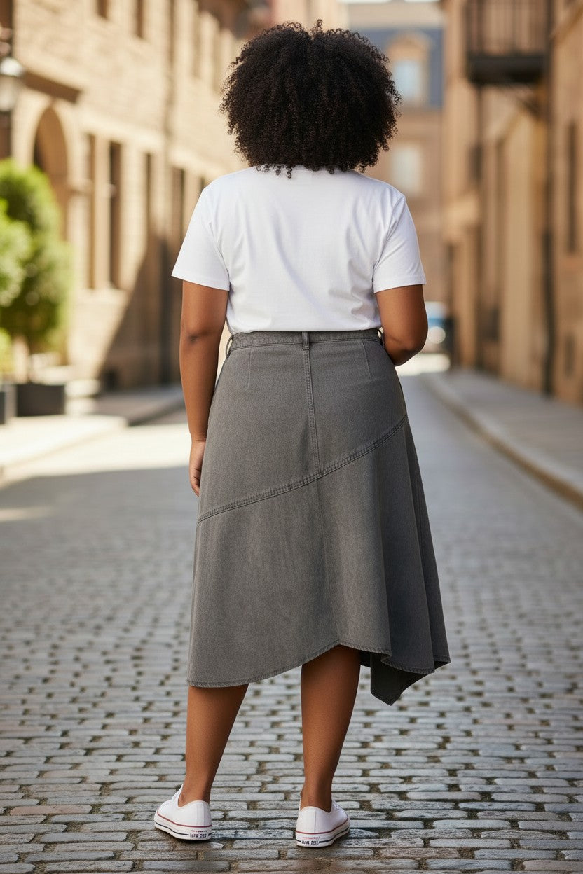 Grey asymmetric denim midi skirt - back view