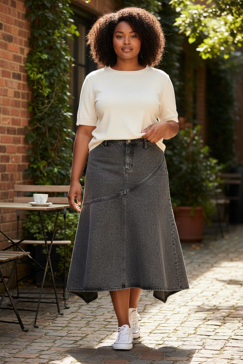 Grey asymmetric denim midi skirt - front view with white tee and jeans